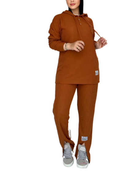 Ribbed Hoodie Two-Piece Set with Side Slit Pants