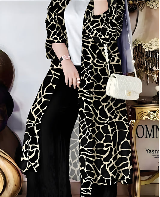 Animal Print Three-Piece Set – Cardigan, Top & Trousers