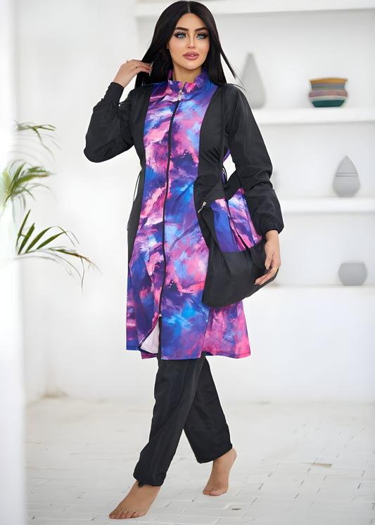 Plus Size Burkini Swimwear Set with Abstract Print & Matching Carry Bag