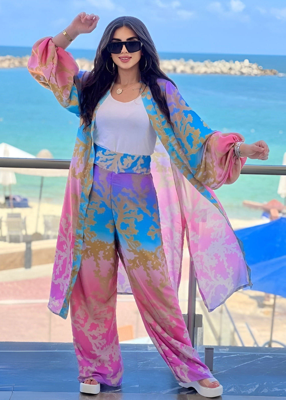 Tropical Sunset 3-Piece Set – Flowing Kimono, Wide-Leg Pants & Top