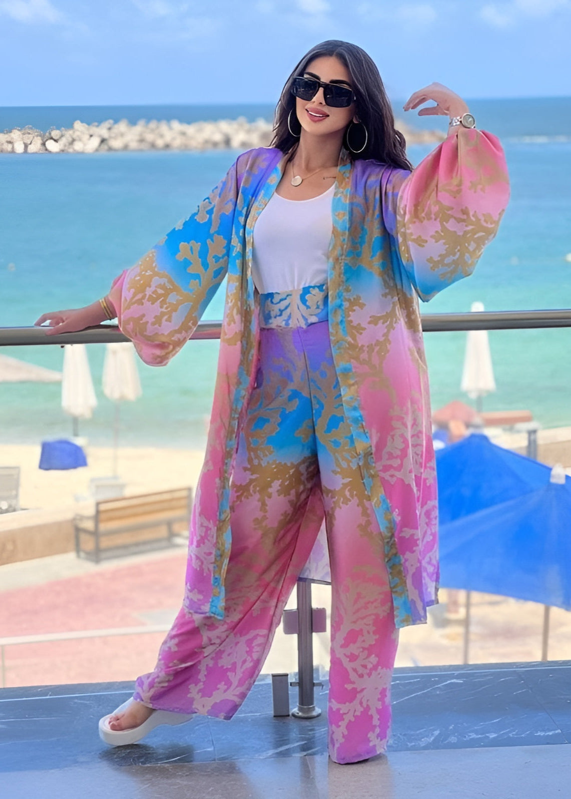 Tropical Sunset 3-Piece Set – Flowing Kimono, Wide-Leg Pants & Top