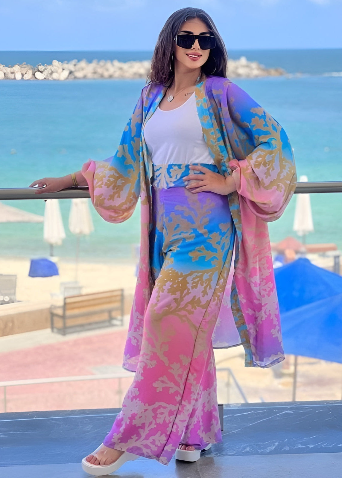 Tropical Sunset 3-Piece Set – Flowing Kimono, Wide-Leg Pants & Top