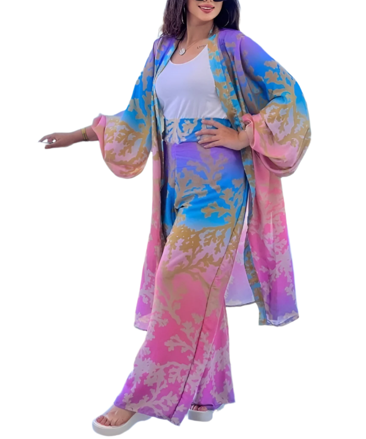 Tropical Sunset 3-Piece Set – Flowing Kimono, Wide-Leg Pants & Top