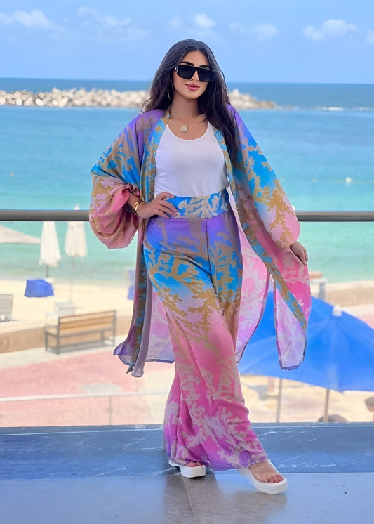 Tropical Sunset 3-Piece Set – Flowing Kimono, Wide-Leg Pants & Top