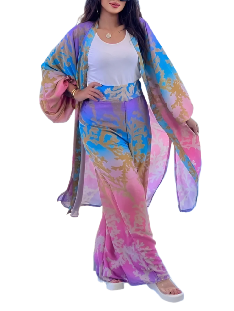 Tropical Sunset 3-Piece Set – Flowing Kimono, Wide-Leg Pants & Top