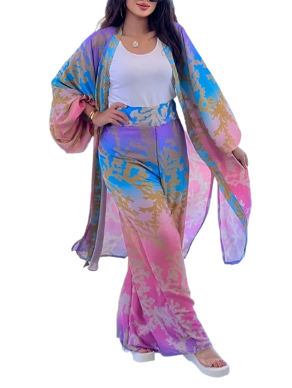 Tropical Sunset 3-Piece Set – Flowing Kimono, Wide-Leg Pants & Top