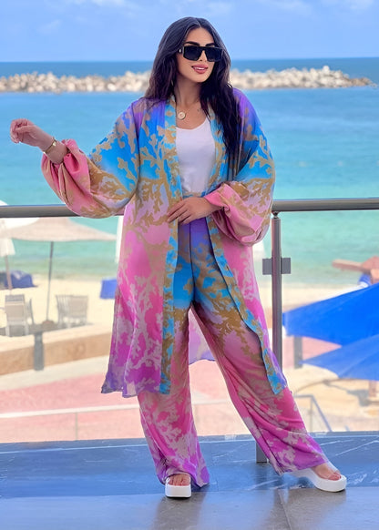 Tropical Sunset 3-Piece Set – Flowing Kimono, Wide-Leg Pants & Top