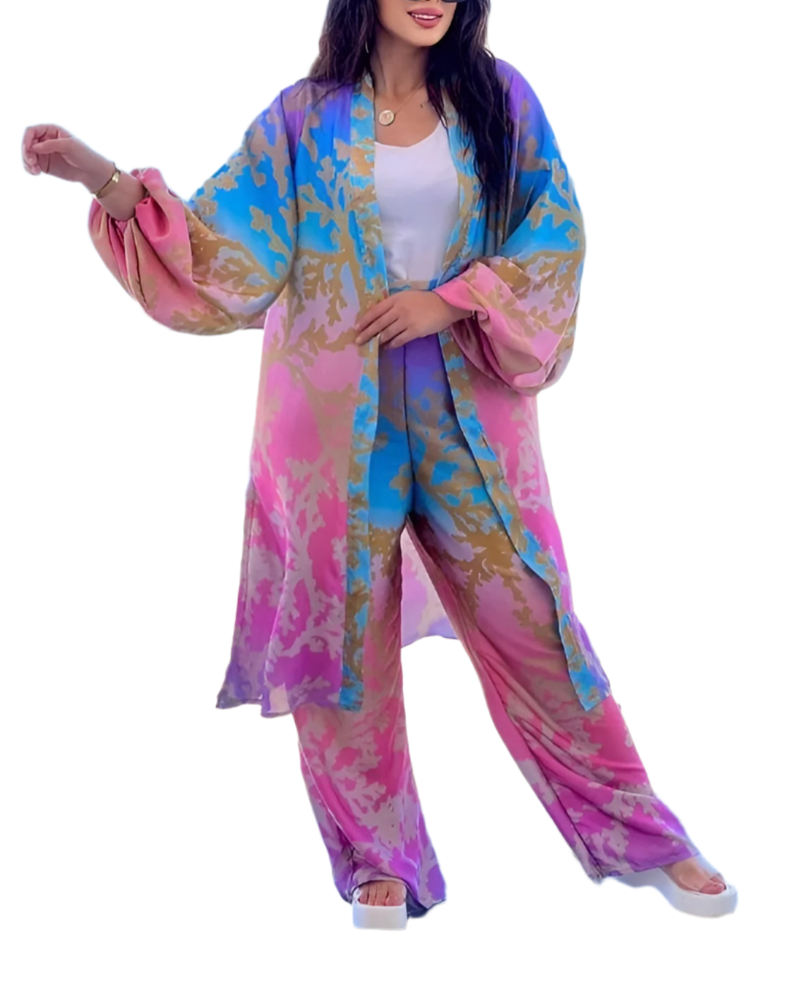 Tropical Sunset 3-Piece Set – Flowing Kimono, Wide-Leg Pants & Top