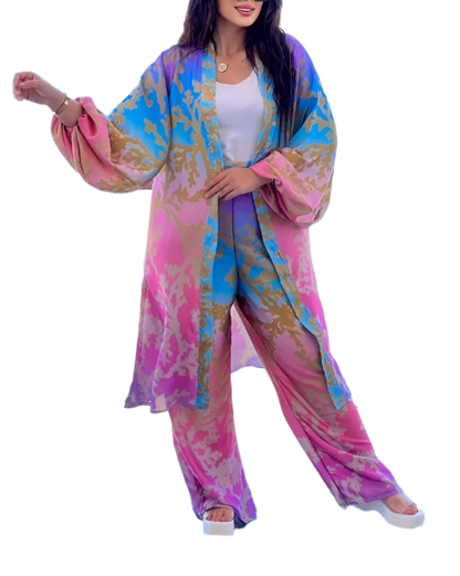 Tropical Sunset 3-Piece Set – Flowing Kimono, Wide-Leg Pants & Top