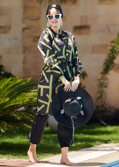 Geometric Print Burkini Swimwear Set with Black Swim Hijab