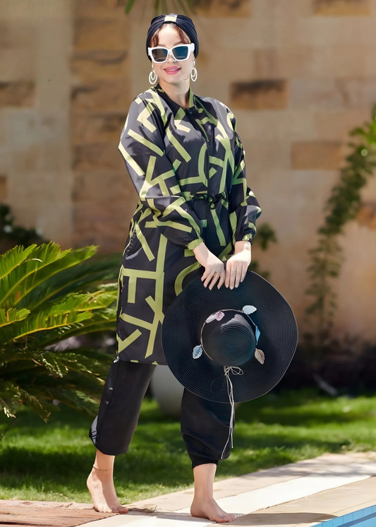 Geometric Print Burkini Swimwear Set with Black Swim Hijab