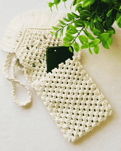 Macramé phone bag with phone inside – handmade off-white cotton pouch with boho fringe