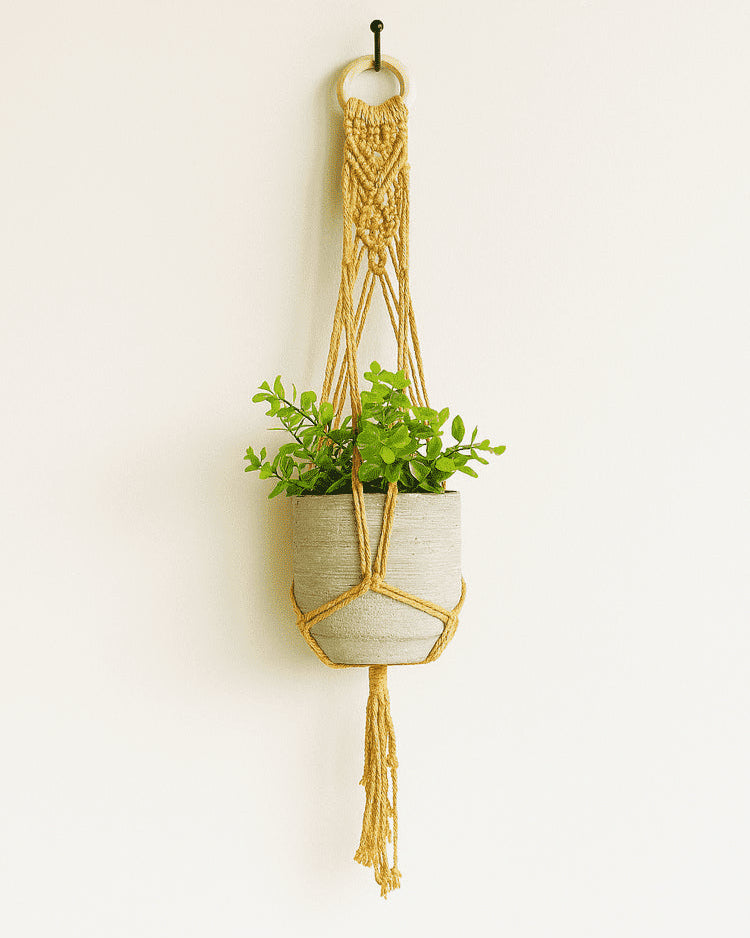 Mustard yellow handmade macramé plant hanger with a grey pot and green plant, adding cozy boho style to home decor – Samra Knots.