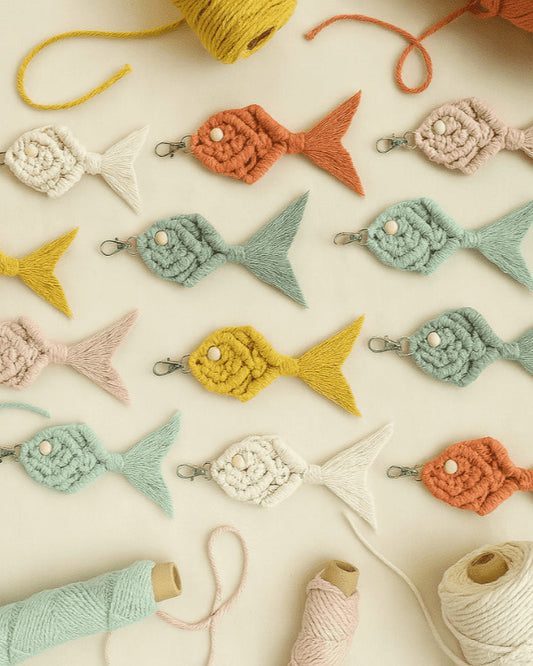 Flatlay of colorful handmade macramé fish keychains in various shades, arranged on a neutral fabric background with spools of yarn and cord