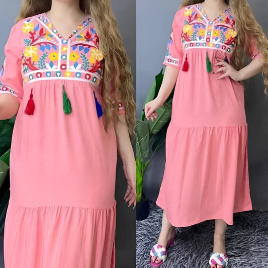 Colorful Embroidery and Tassel Accents Dress